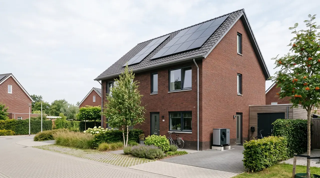 Nederlandse woning met zonnepanelen en warmtepomp in de tuin