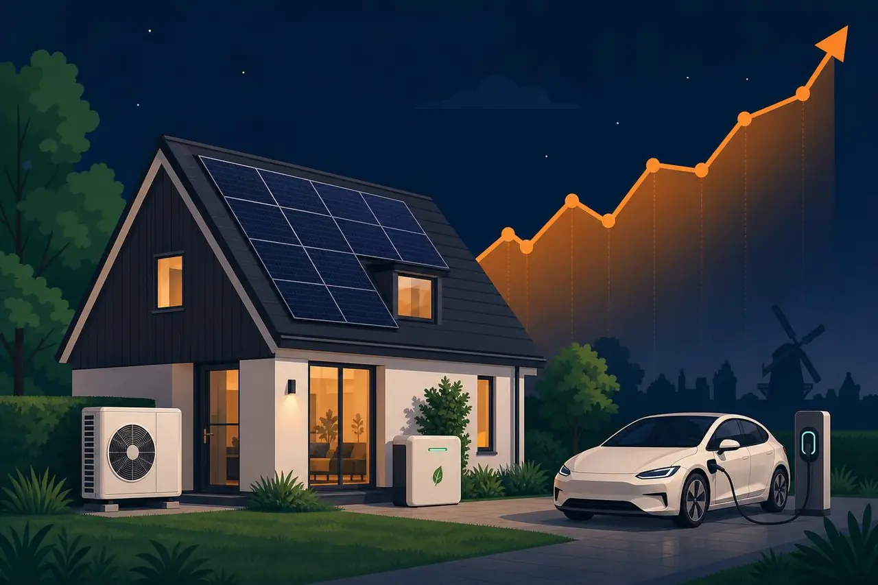 Illustratie van een woning met zonnepanelen, warmtepomp en thuisbatterij, met een lijn die veranderingen in energiekosten symboliseert